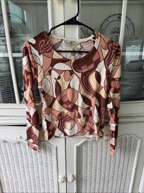 Women's Retro Abstract Long-Sleeve Top - Brown & Cream bacci y2k medium